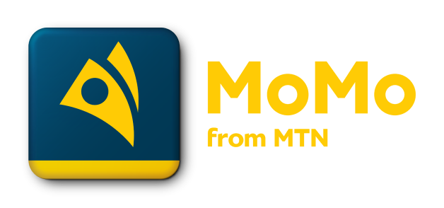 Brand logo for MoMo from MTN: yellow text and icon on a blue rounded-square background with a yellow bottom stripe far left.