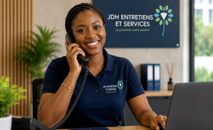 Smiling woman in a navy polo wearing a headset, talking on a corded phone at a desk with a company sign in the background.