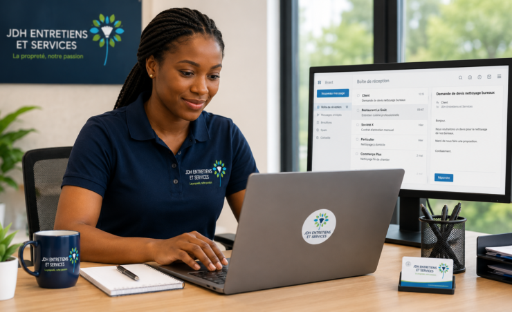 Professional woman in a navy polo at a desk with a laptop and monitor, branded with the company logo JDH Entretiens et Services in the background