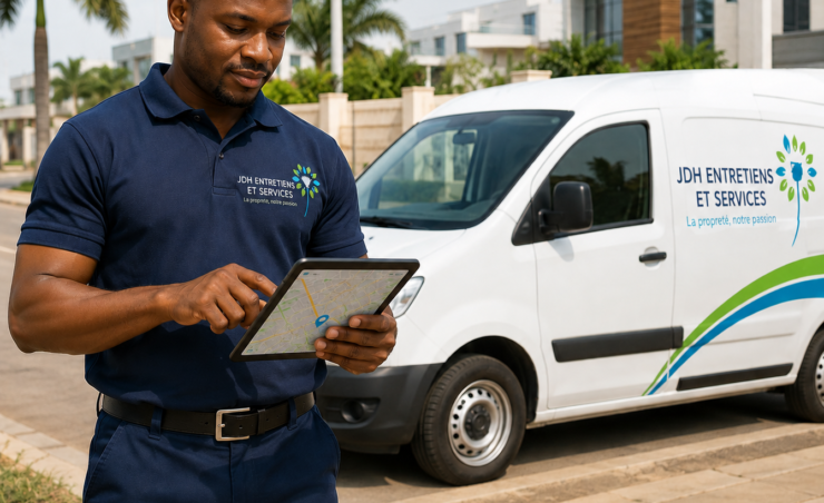 Technician in navy uniform standing beside a branded white service van, using a tablet with a map.